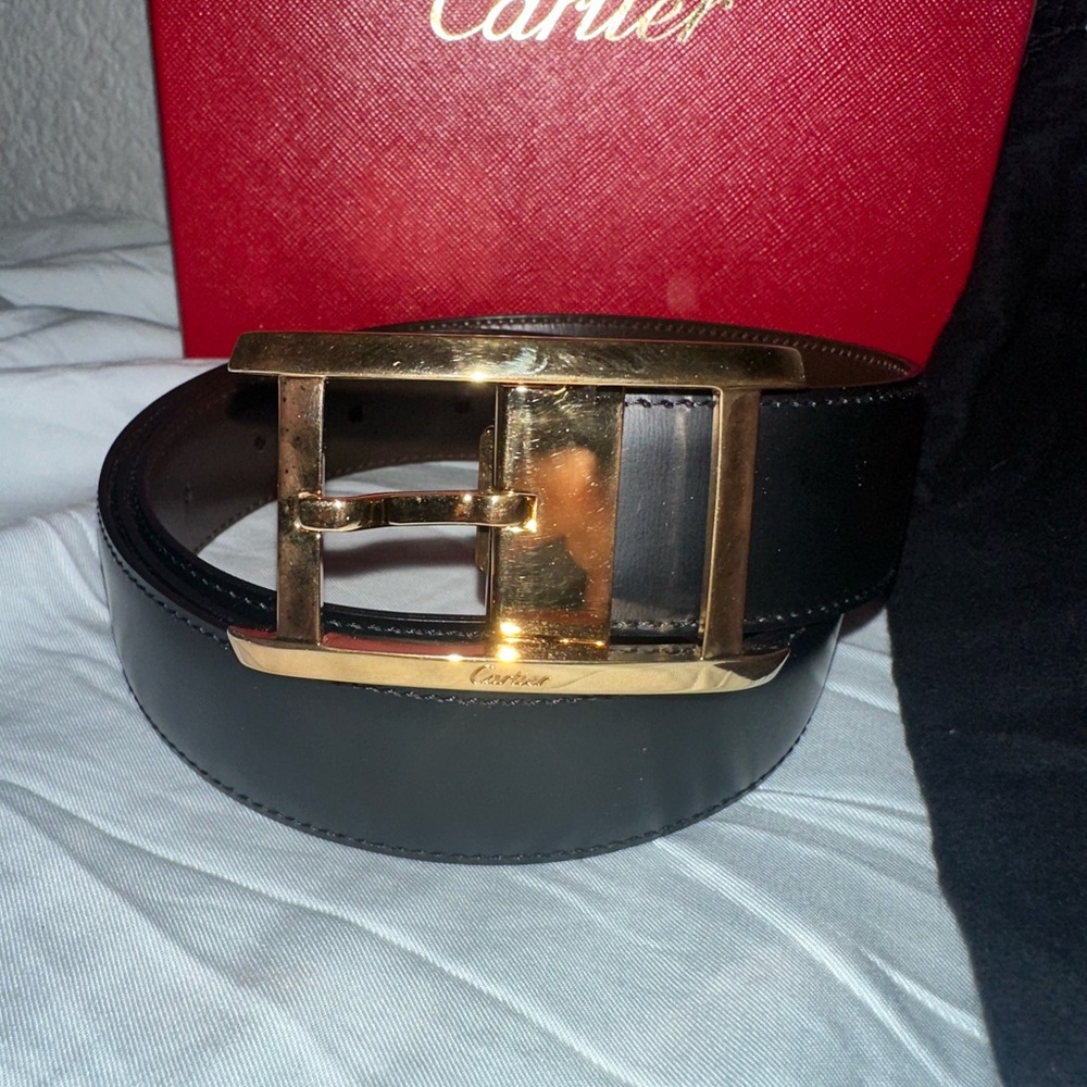 Cartier Black Leather Belt with Gold Buckle